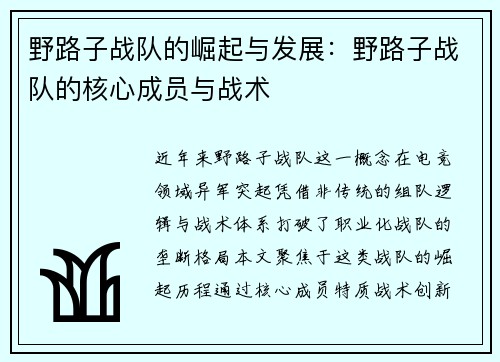 野路子战队的崛起与发展：野路子战队的核心成员与战术